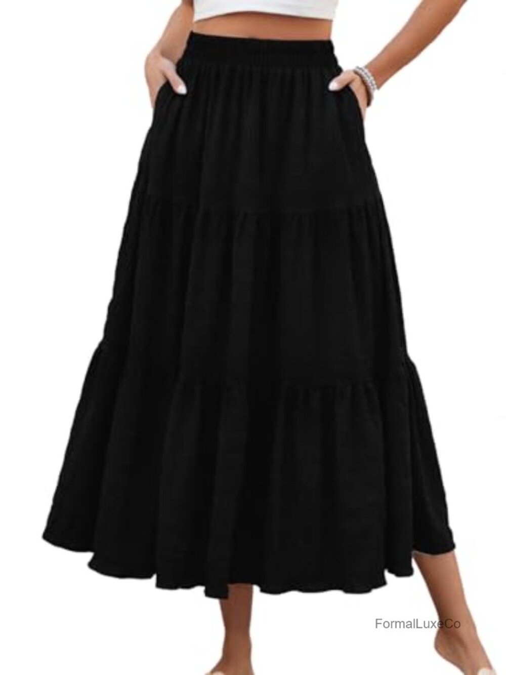 Women's Tiered Maxi Skirt Smocked Elastic Waist A-Line Flowy with Pockets